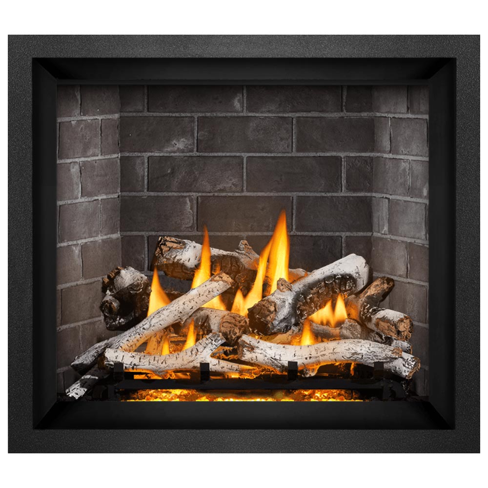36-inch direct vent gas fireplace with burning logs, white ash, and orange flames