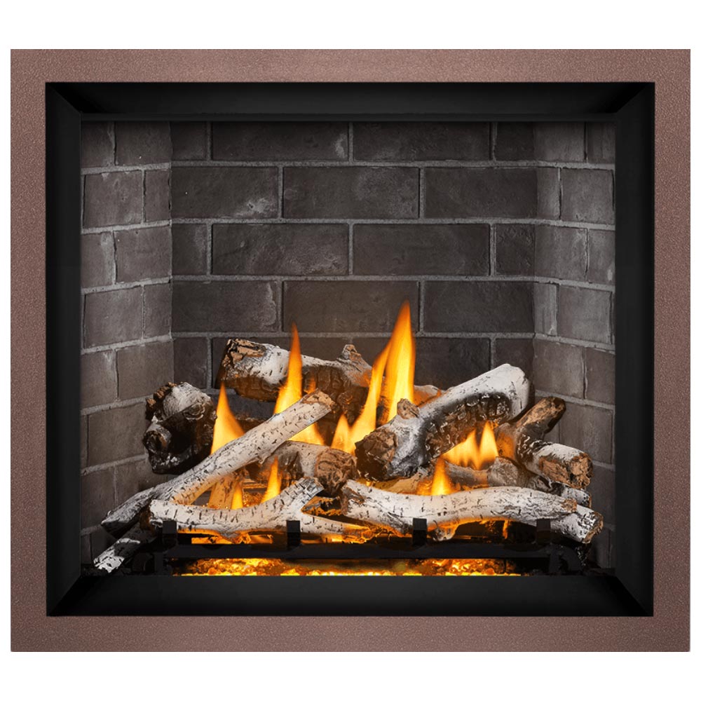 Gas fireplace insert with black frame, dark gray brick back, burning logs and flames