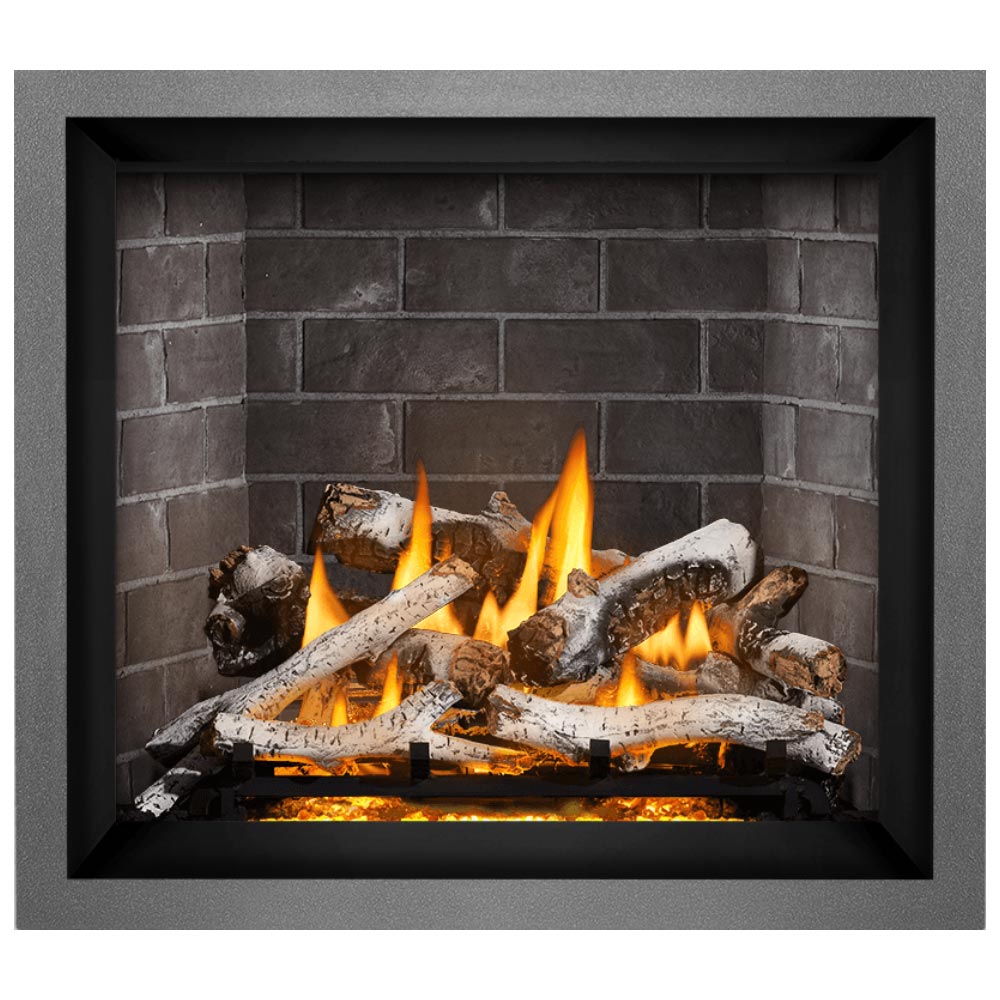 Direct vent gas fireplace with black surround, glowing logs and flames in the firebox