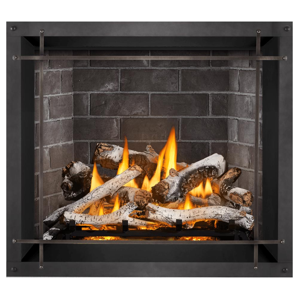 Direct vent gas fireplace with burning logs and glowing embers, framed by dark metal trim