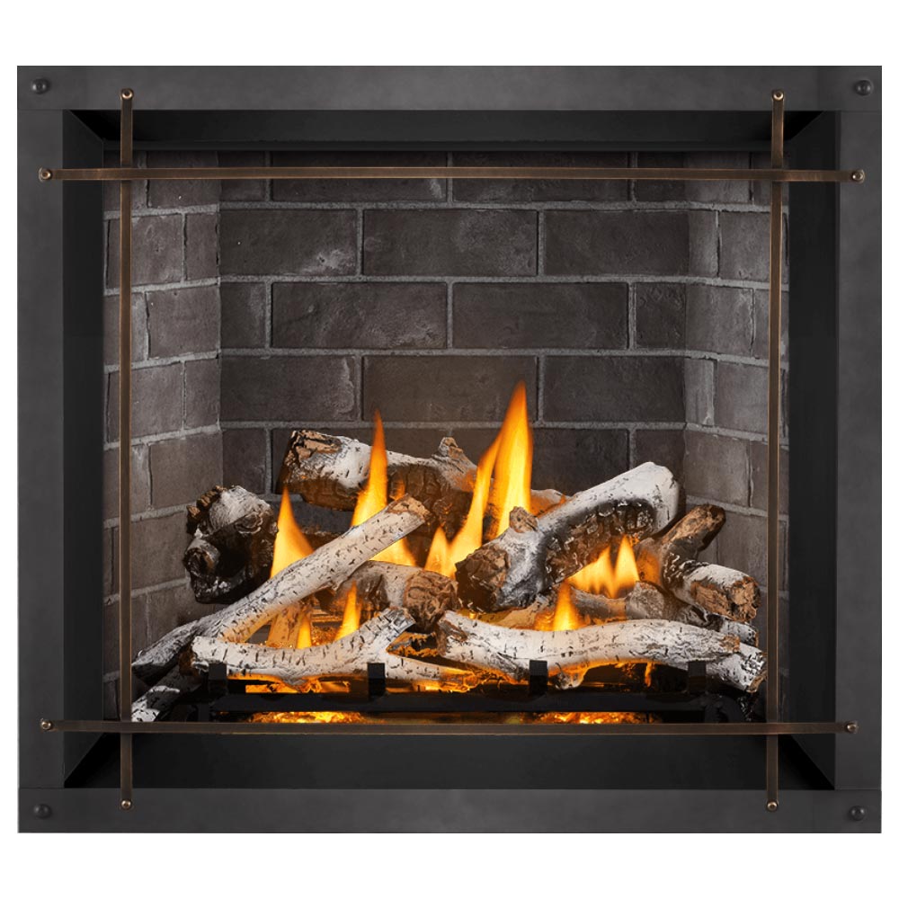 Direct vent gas fireplace with black frame and glass, burning logs with flames