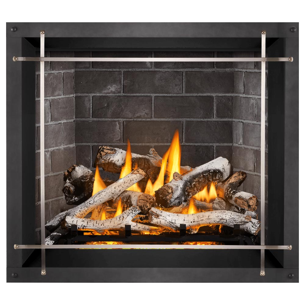 Direct vent gas fireplace with flames and log set, featuring a dark metal frame and gray stone