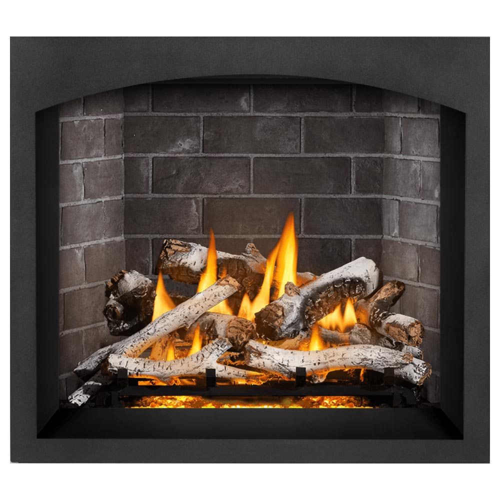 Gas fireplace with burning logs and flames, dark gray brick firebox interior