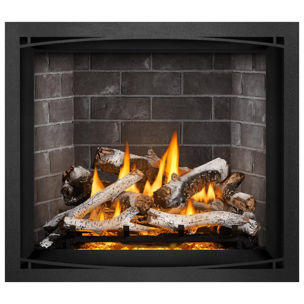 Direct vent gas fireplace with burning wood logs and glowing embers behind black frame