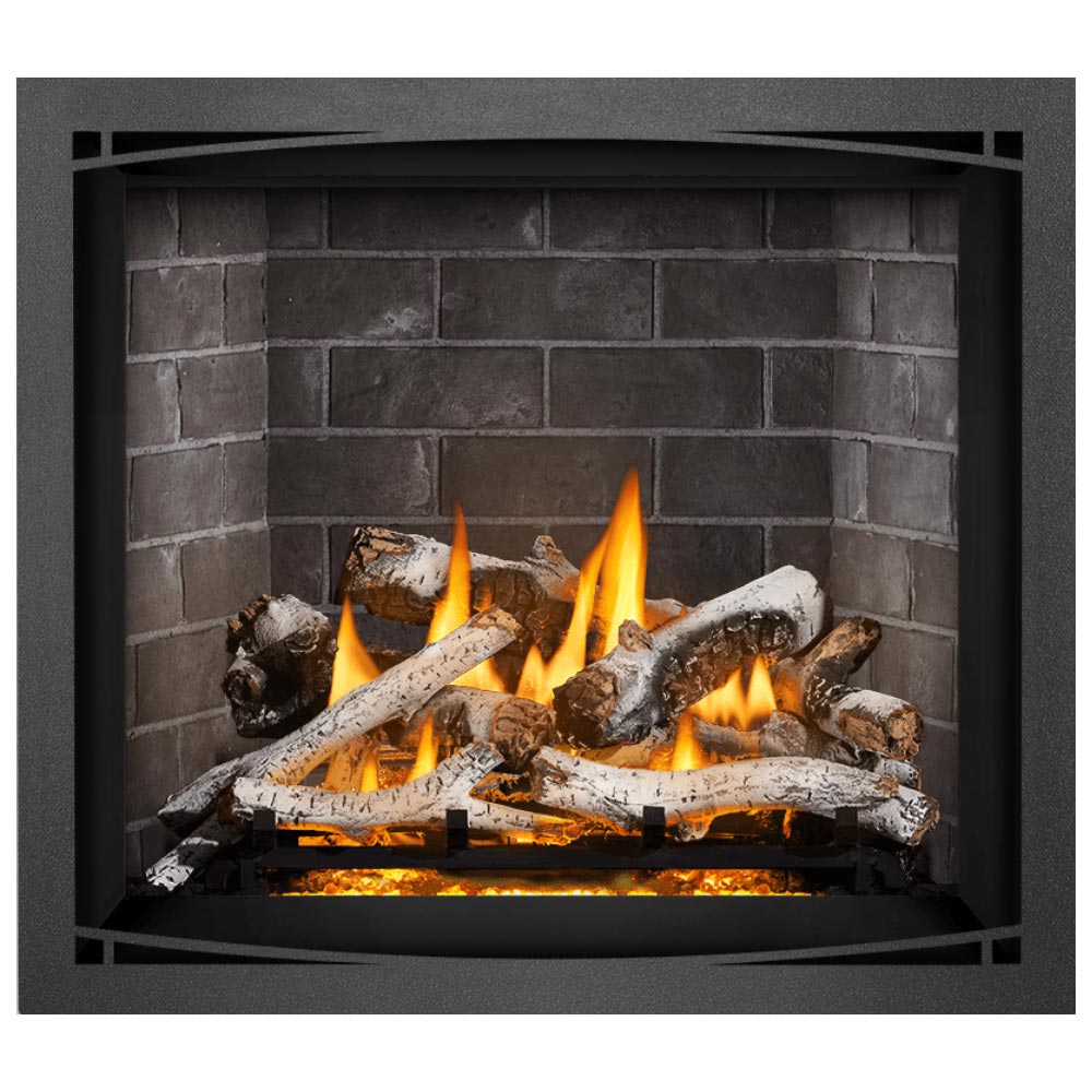 Direct vent gas fireplace with burning logs and glowing embers in a dark stone back panel