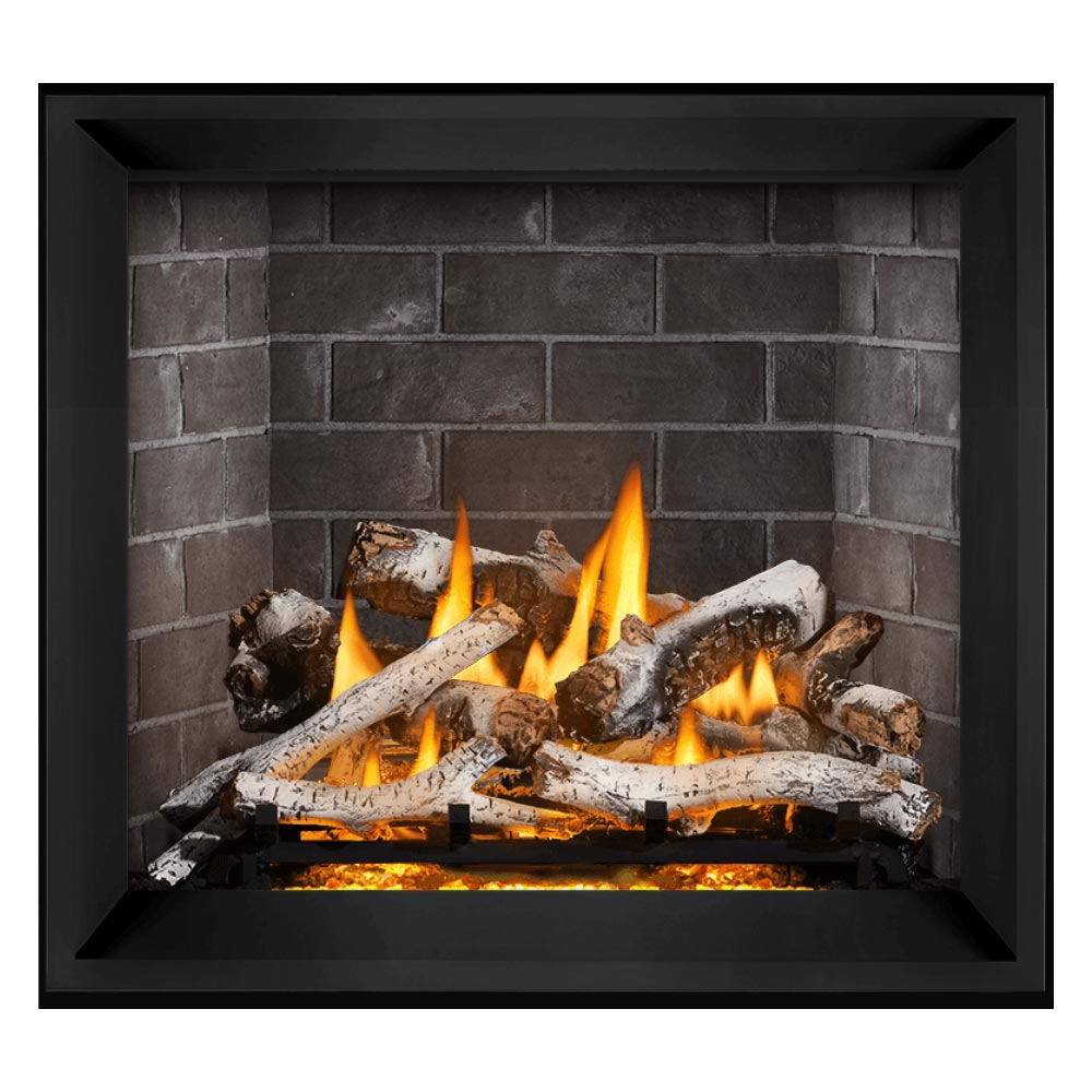 Direct vent gas fireplace with black frame, burning logs, dark gray brick back panel