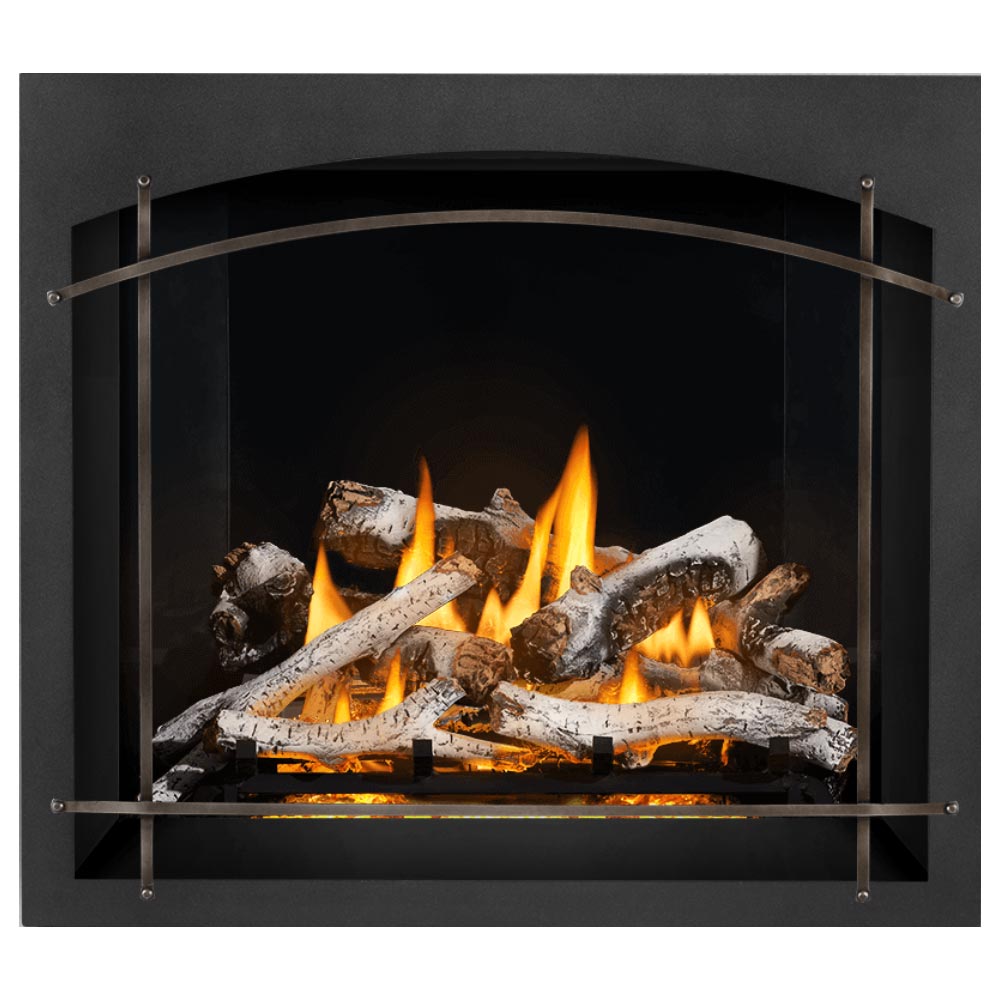 Black direct vent gas fireplace with burning logs behind arched glass safety frame