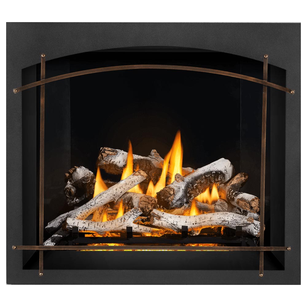 Black direct vent gas fireplace with burning logs behind arched glass safety frame