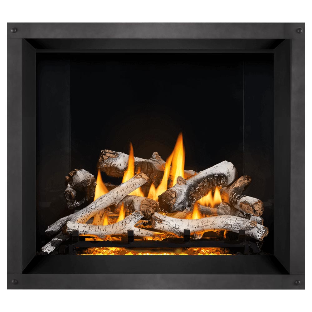 Direct vent gas fireplace, dark surround, burning light-ash logs and orange flames