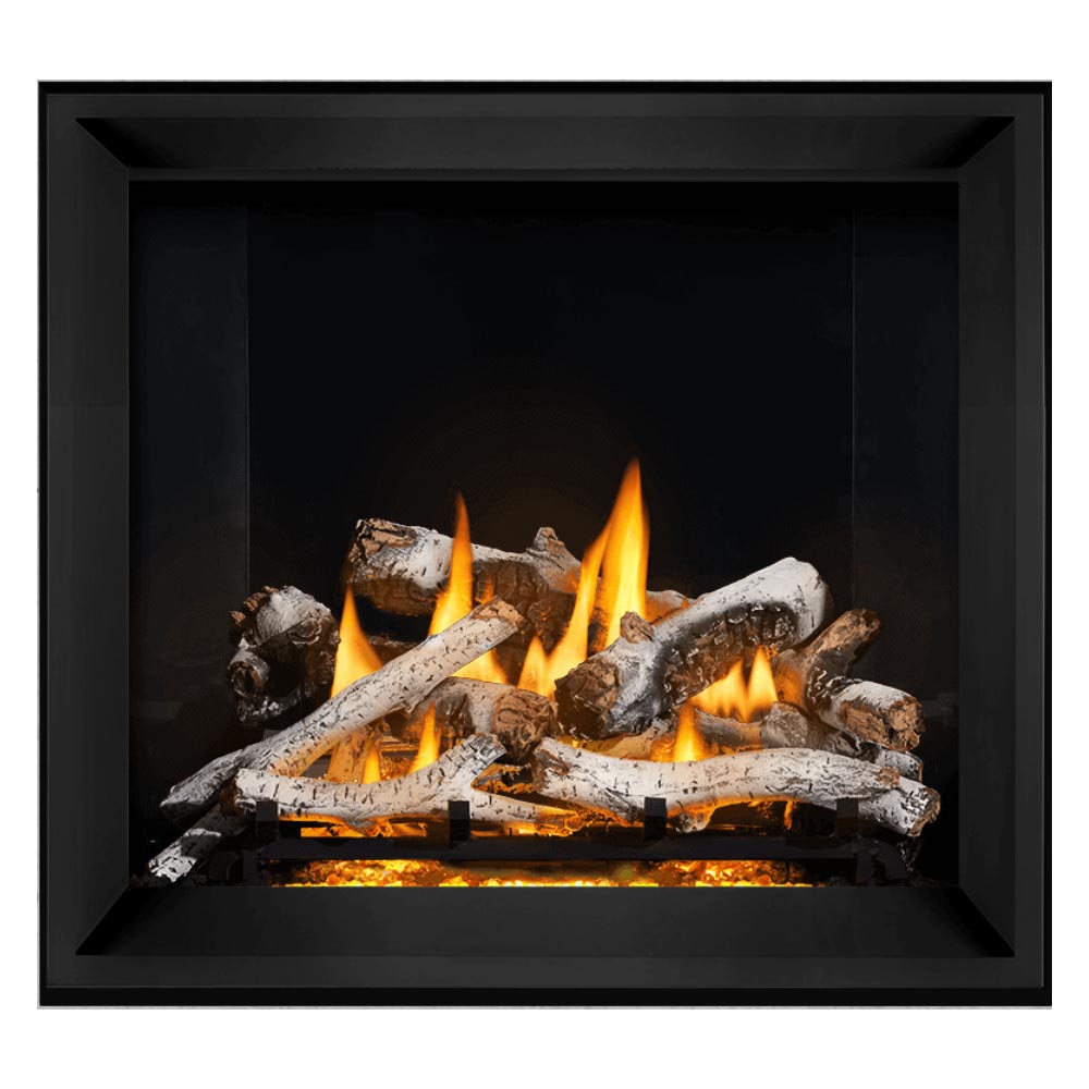 Direct vent gas fireplace with dark frame and burning logs behind open glass in dark space