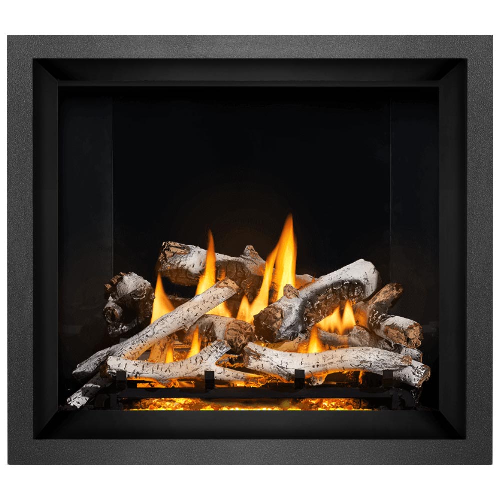 Direct vent gas fireplace with burning flames and split logs in a dark firebox