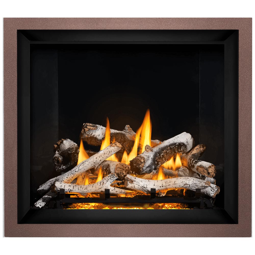 Direct vent gas fireplace with dark surround and burning log set with black inner panel