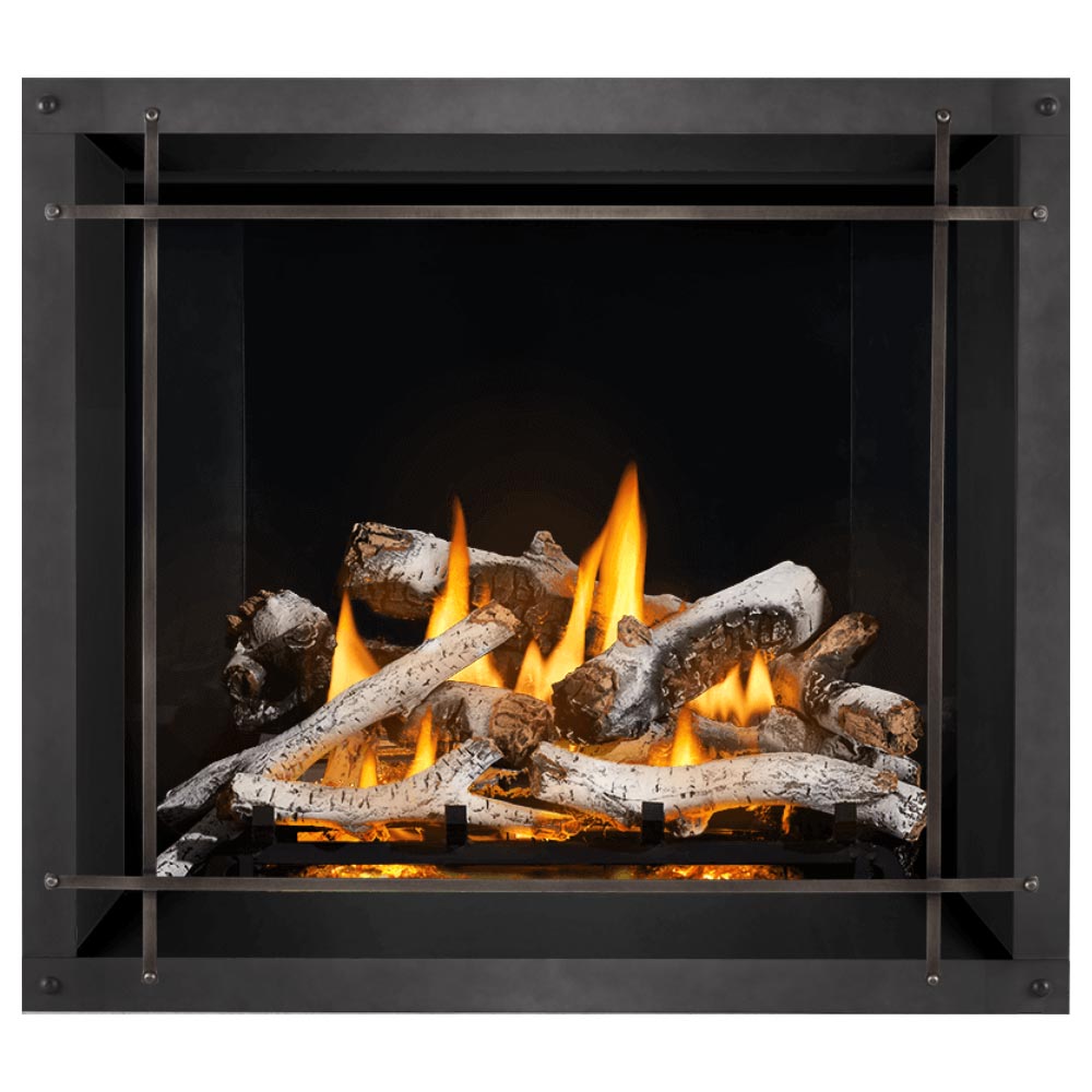 Direct vent gas fireplace with dark front bars and glowing log set
