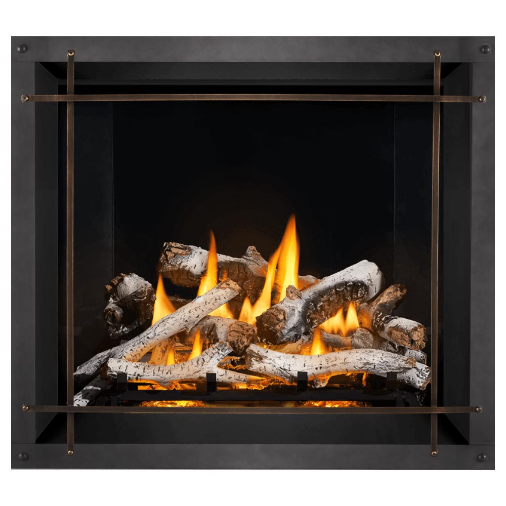 Direct vent gas fireplace with bronze front bars and glowing log set