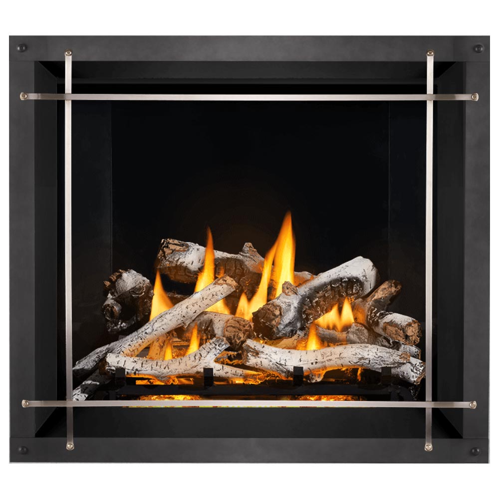 Direct vent gas fireplace with silver-toned front bars and glowing log set