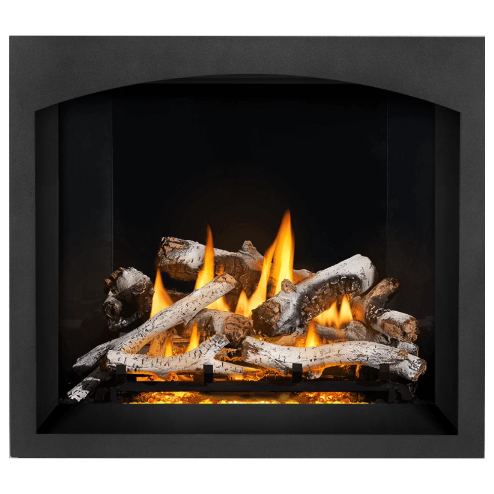Gas fireplace with burning logs and flames, dark firebox with brick-style backdrop