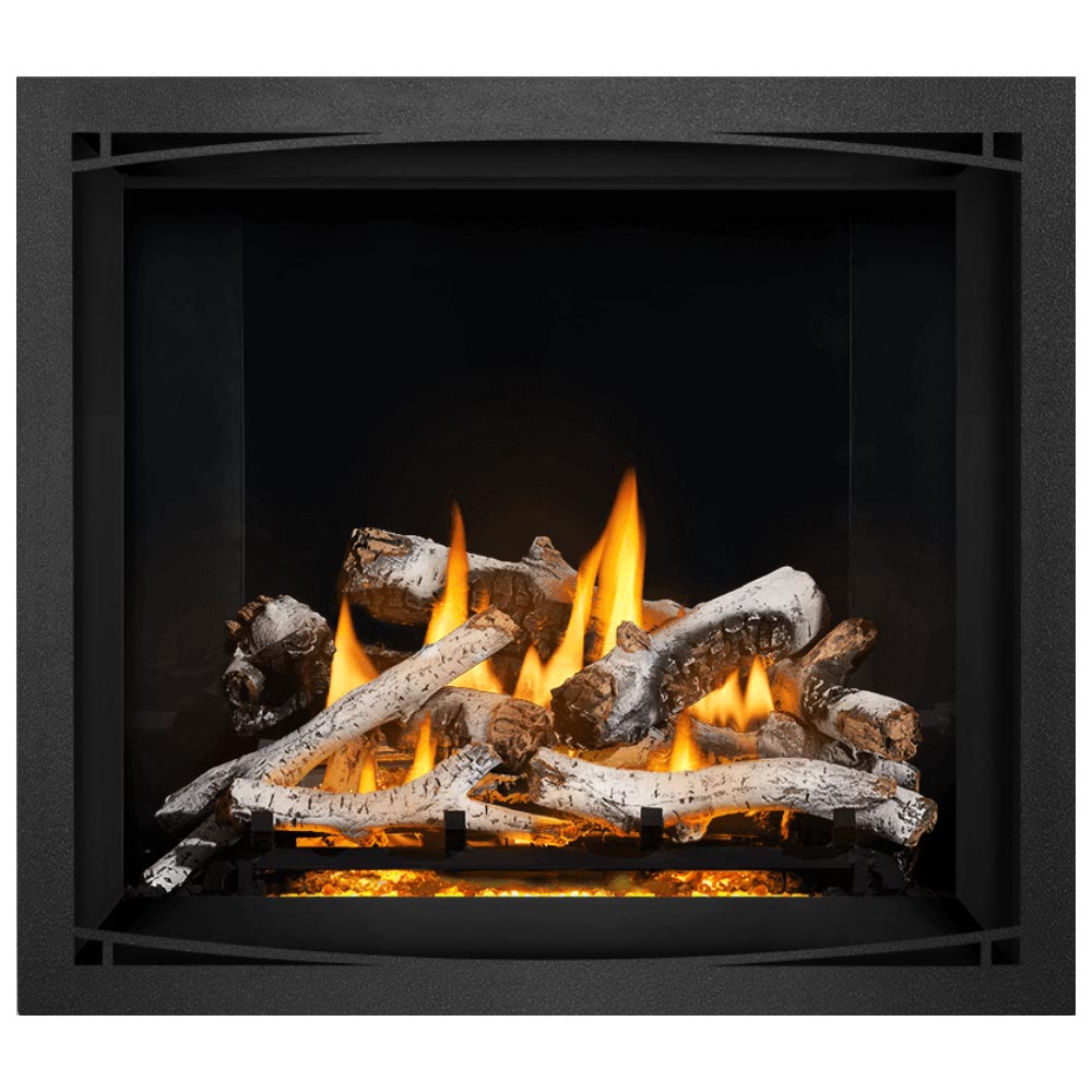 Direct vent gas fireplace with burning split logs and orange flames inside the firebox