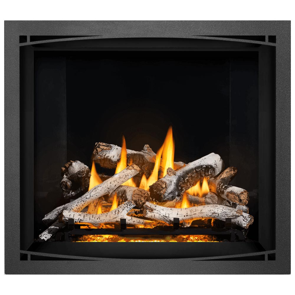 Direct vent gas fireplace with burning logs and flames behind a dark opening