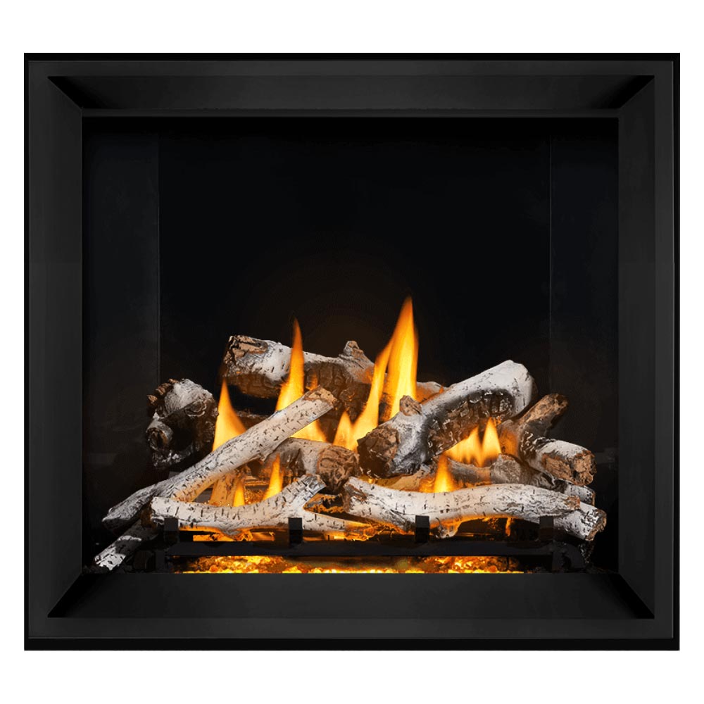 Direct vent gas fireplace with dark interior, white logs and orange flames