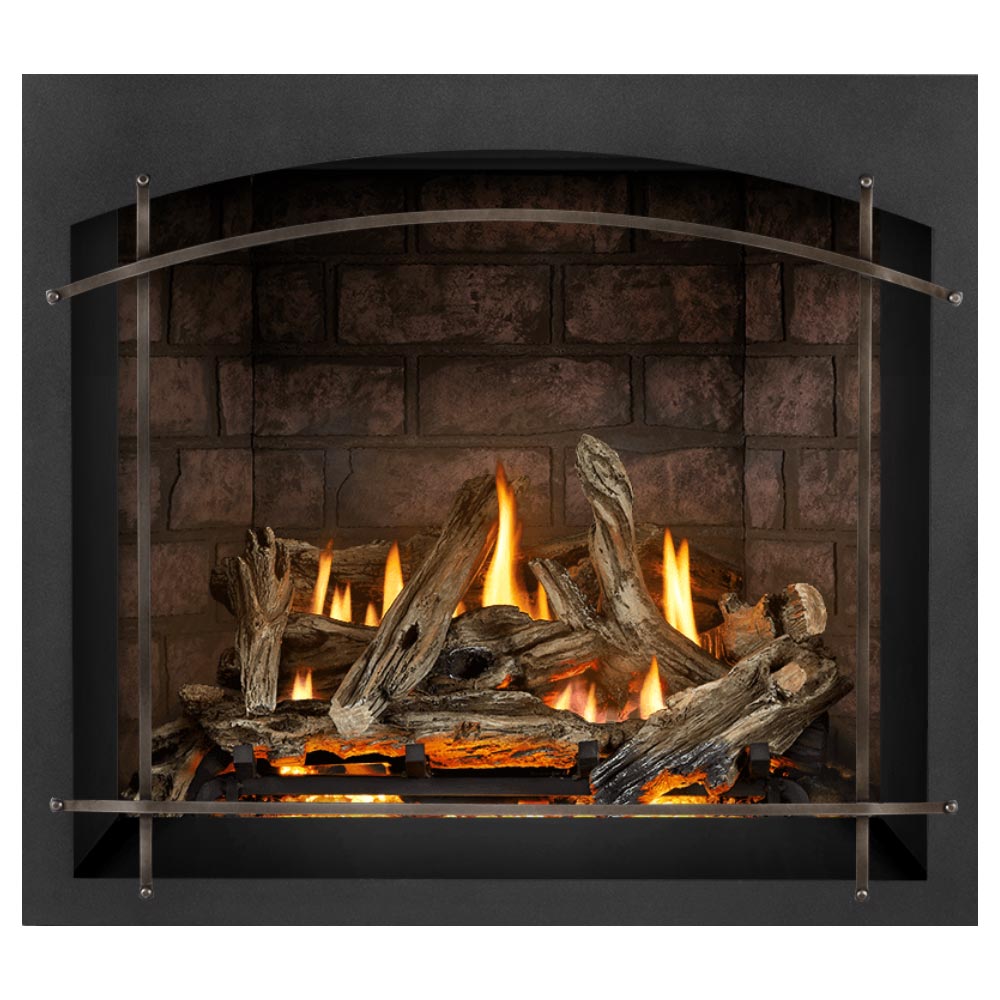 Direct vent gas fireplace with brick back panel and burning logs in the firebox