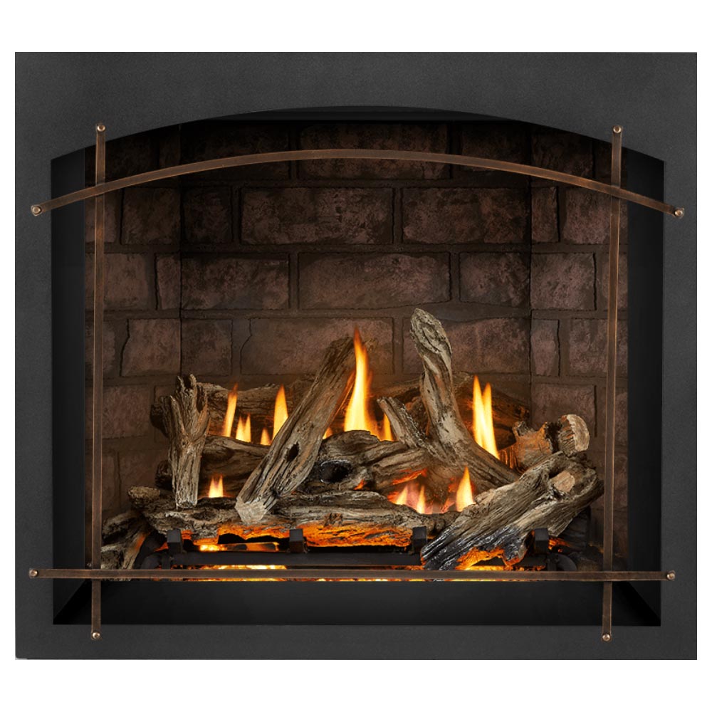 Direct vent gas fireplace with burning logs behind arched metal screen