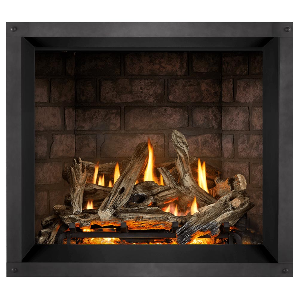 Black direct-vent gas fireplace insert with burning logs and bright flames behind the front panel