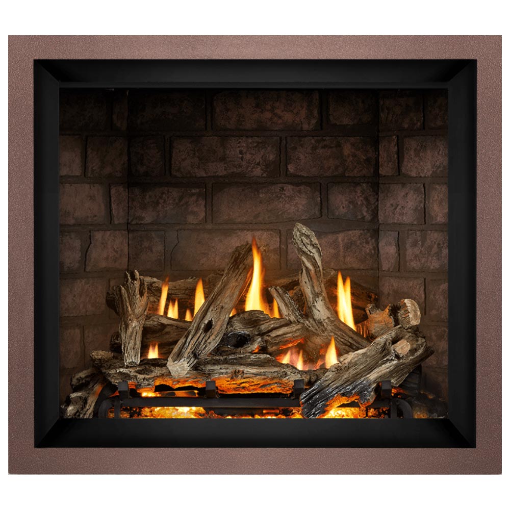 Gas fireplace insert with split logs and orange flames against a brick back panel