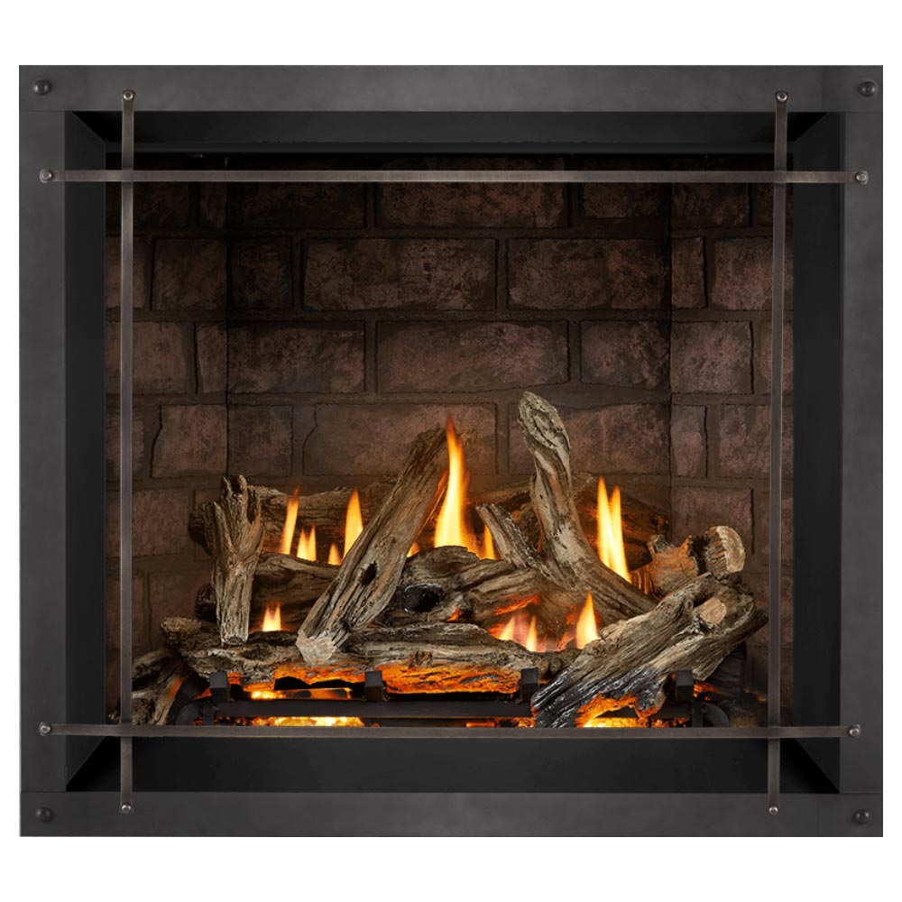 36-inch direct vent gas fireplace with burning log set and dark stone-brick surround