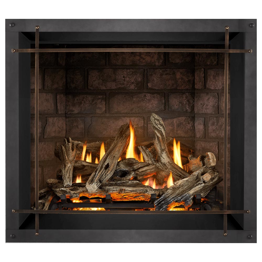 Direct vent gas fireplace with burning logs behind metal frame screen