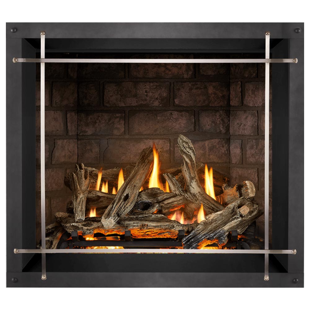 Direct vent gas fireplace with burning logs behind flat metal frame screen