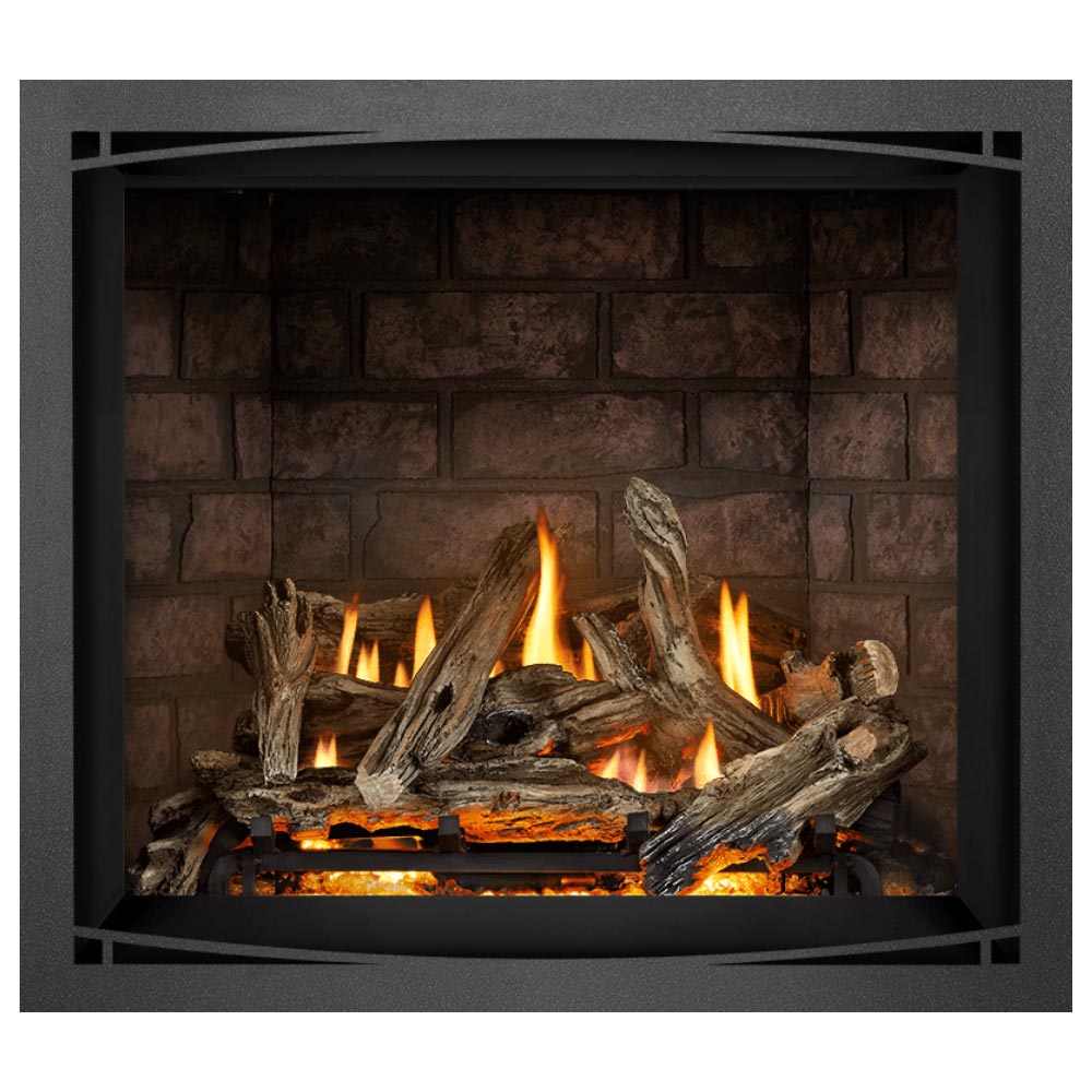Direct vent gas fireplace with driftwood-style logs and orange flames in the firebox