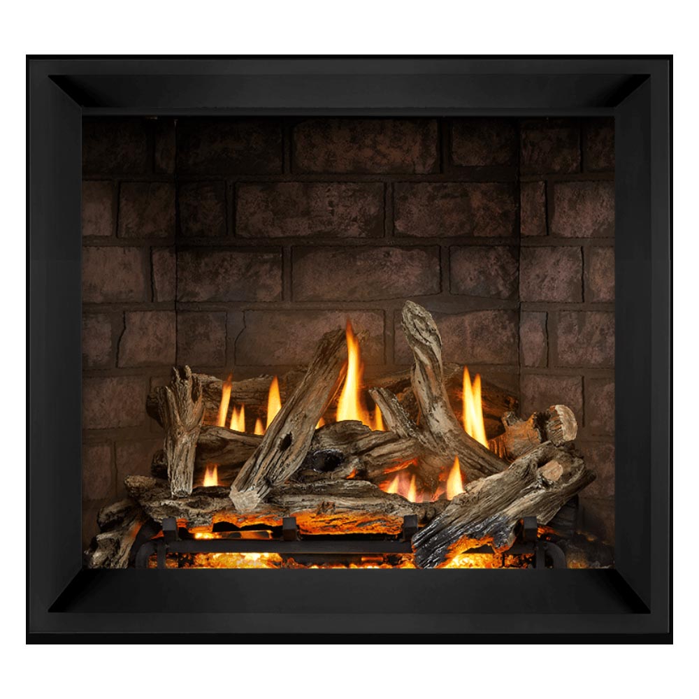 Napoleon direct vent gas fireplace with black surround and stacked burning logs
