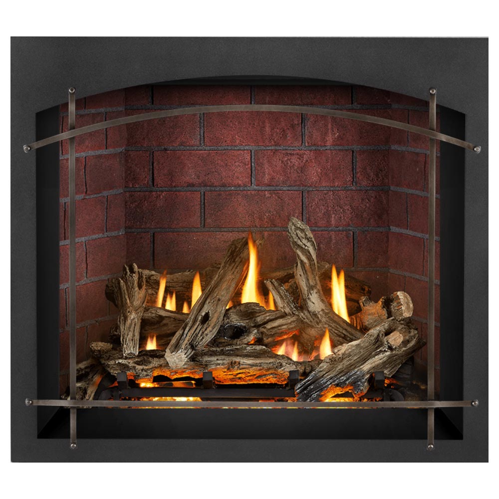 Direct vent gas fireplace showing glowing flame and split logs in red brick back panel