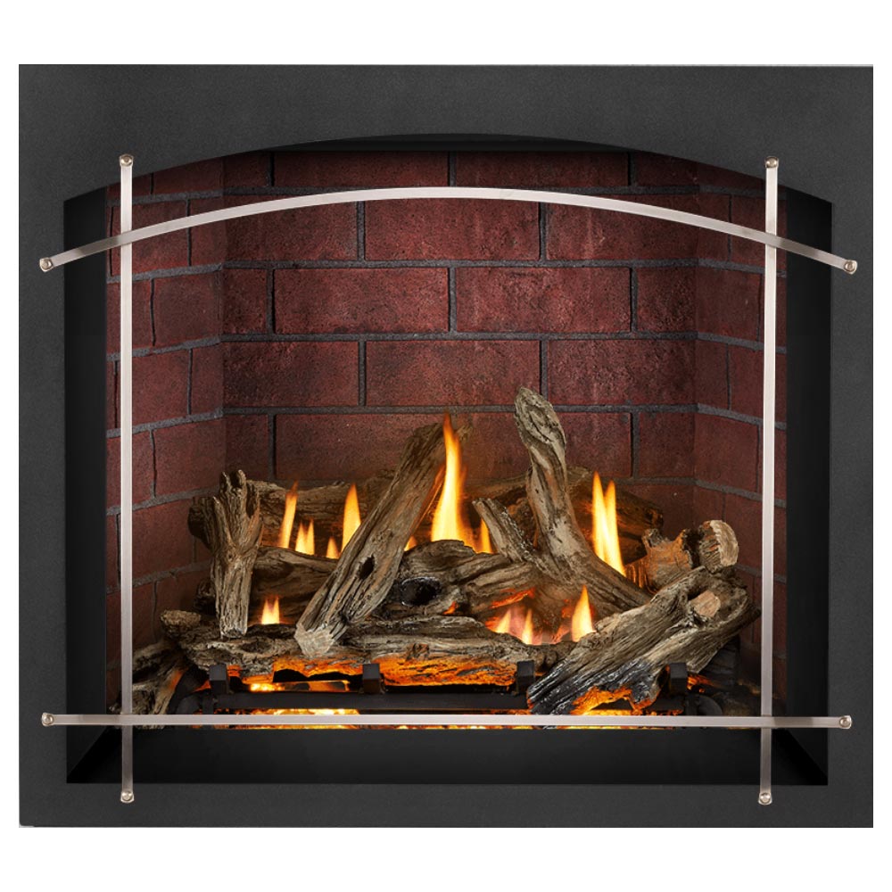 Direct vent gas fireplace with glowing flames and split logs in red brick surround