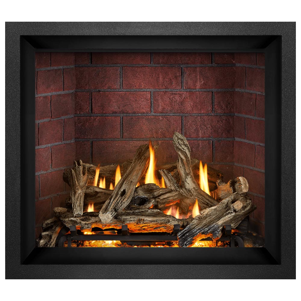 Direct vent gas fireplace with dark frame and burning logs behind open glass