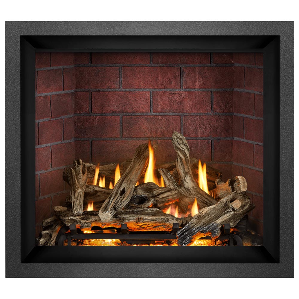 Black direct vent gas fireplace with split logs, bright flames, and glowing embers in firebox