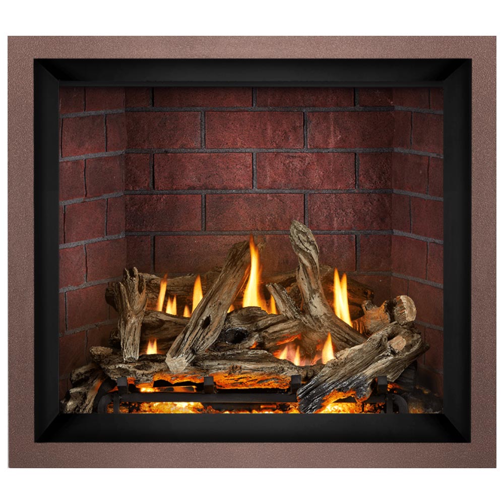 Direct vent gas fireplace with dark surround and burning log set against red brick back
