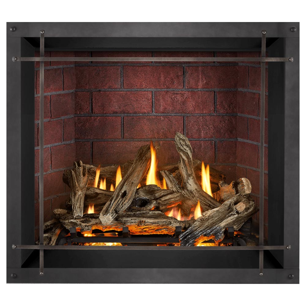 Black direct vent gas fireplace with stone-look logs and visible flames behind glass