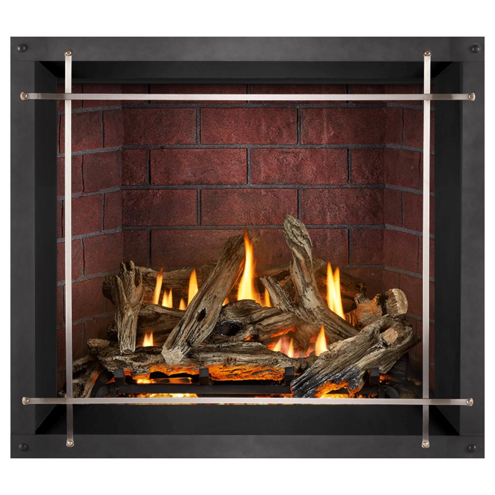 Direct vent gas fireplace with flat metal surround, burning logs behind glass in red brick