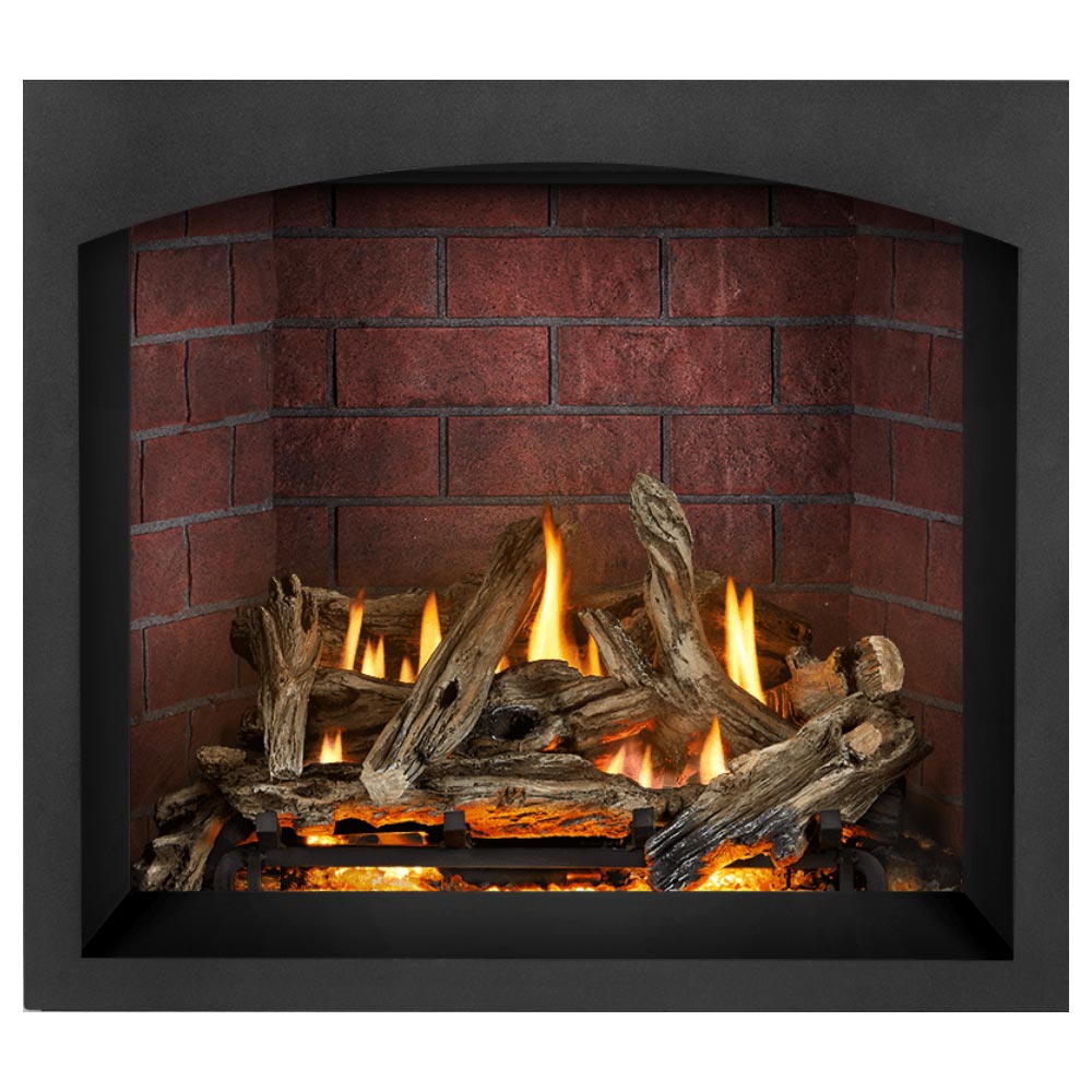 Gas fireplace with burning logs and flames, set in a red brick firebox