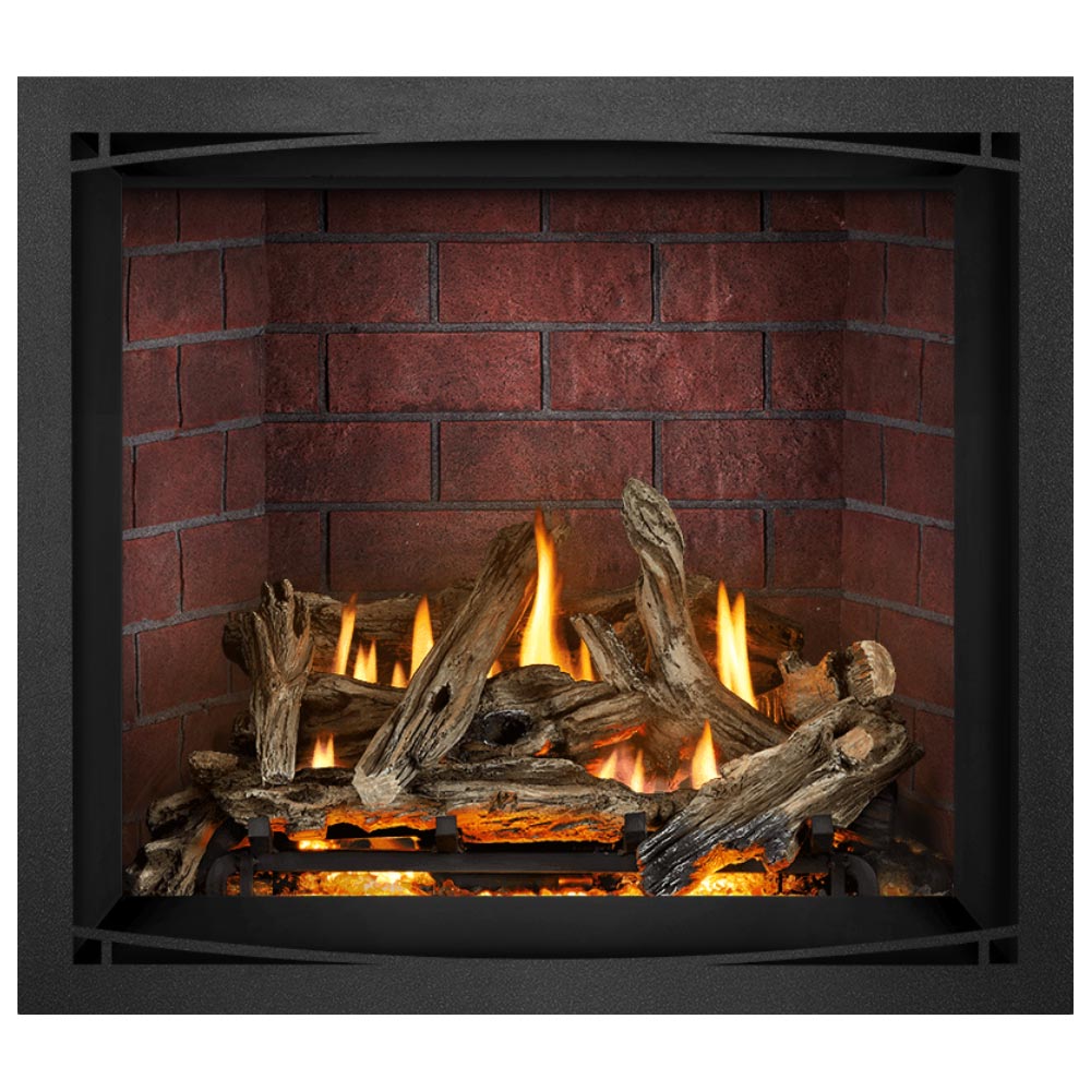 42-inch direct vent gas fireplace with bright flames behind burning logs in black surround