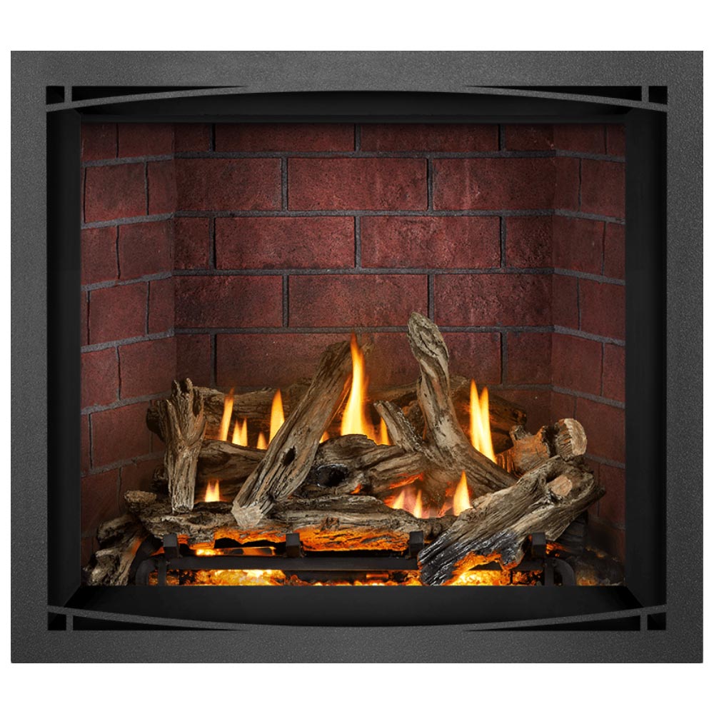 Direct vent gas fireplace with burning logs in a red brick back panel