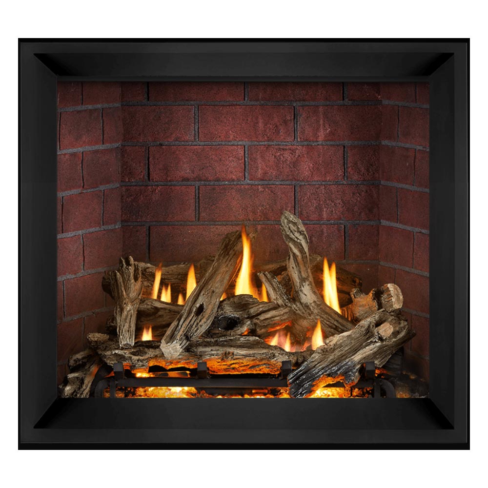 Napoleon direct vent gas fireplace with red brick backing and stacked burning logs