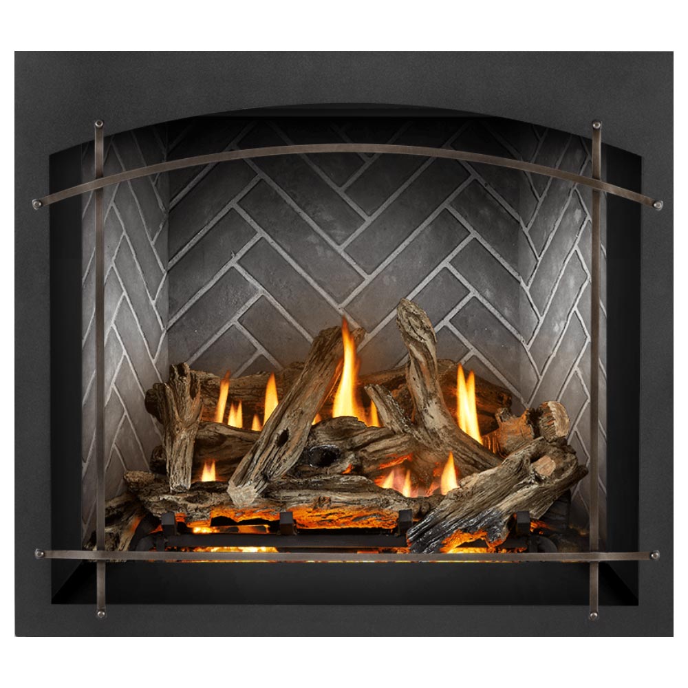 36-inch direct vent gas fireplace with burning log set and arched gray stone back panel