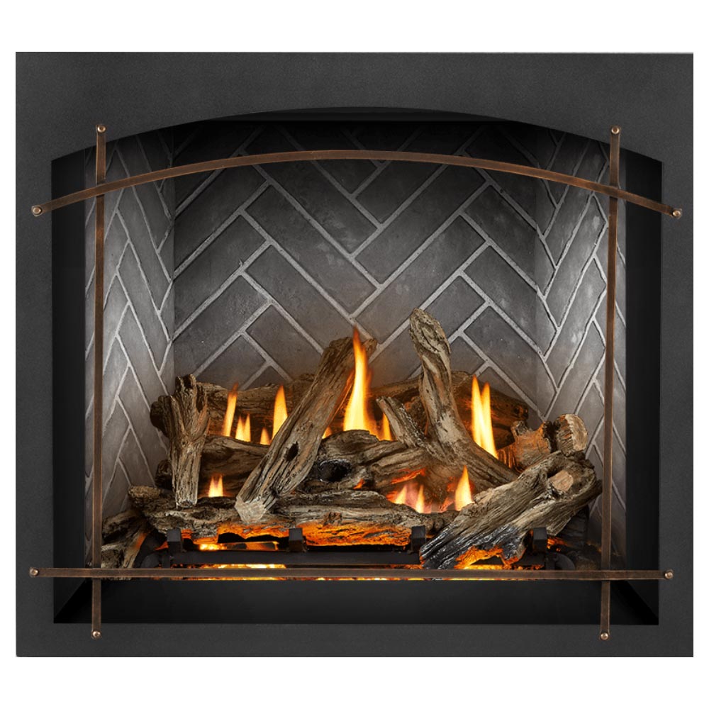 Direct vent gas fireplace with burning logs behind arched metal screen