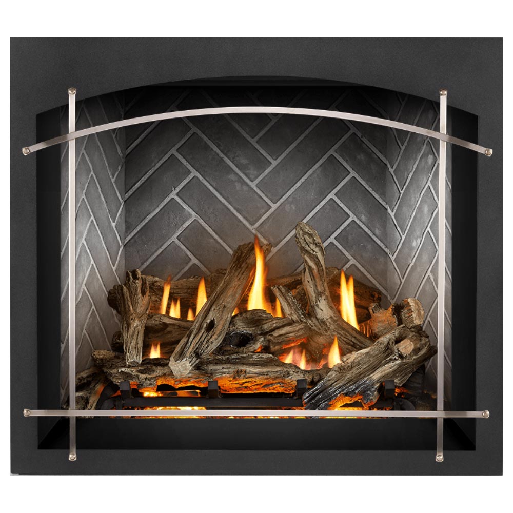 Direct vent gas fireplace with burning logs behind arched metal screen