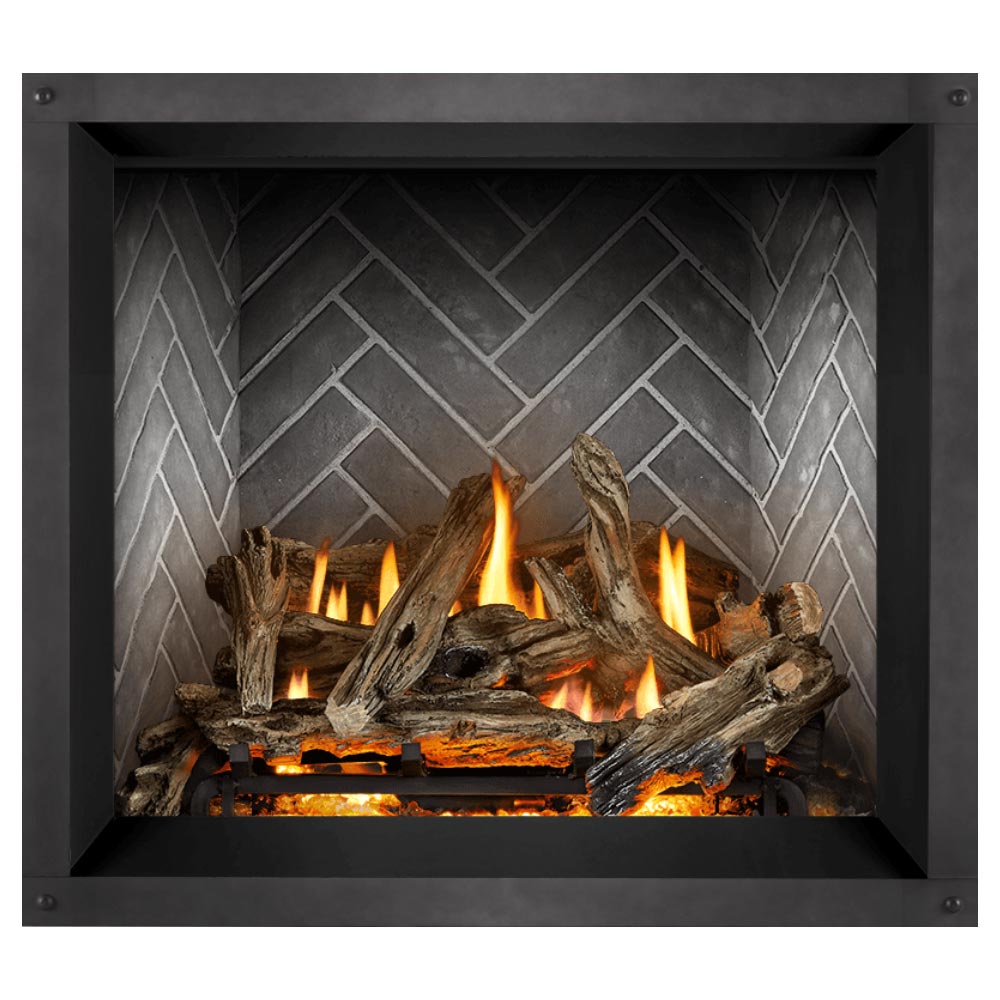 Black direct-vent gas fireplace insert with burning logs and flames against a gray stone tile wall