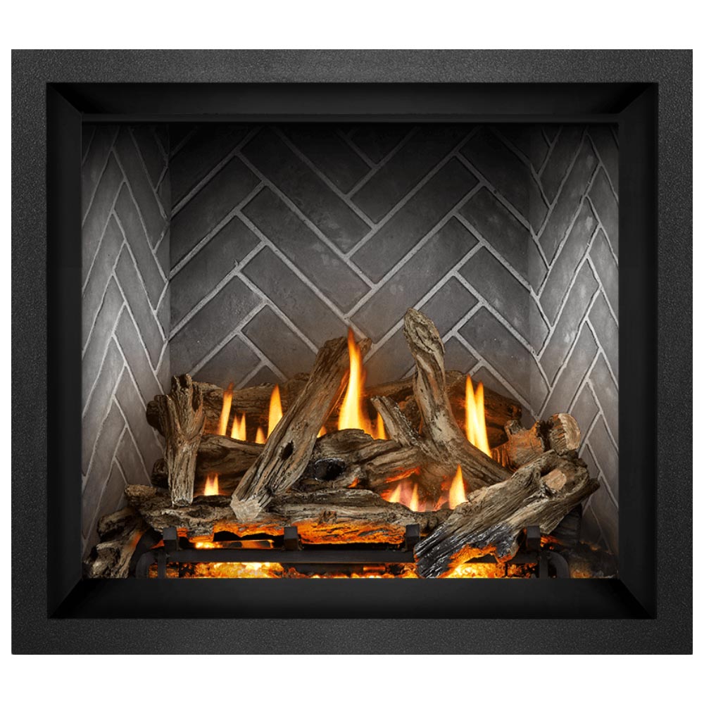 36-inch direct vent gas fireplace with stacked logs and orange flames in the firebox
