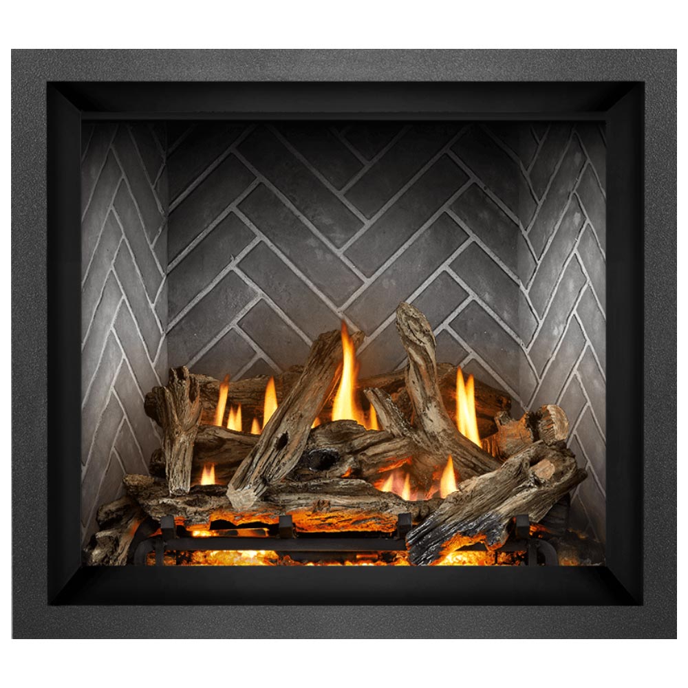 Direct vent gas fireplace with burning logs and orange flames in black firebox