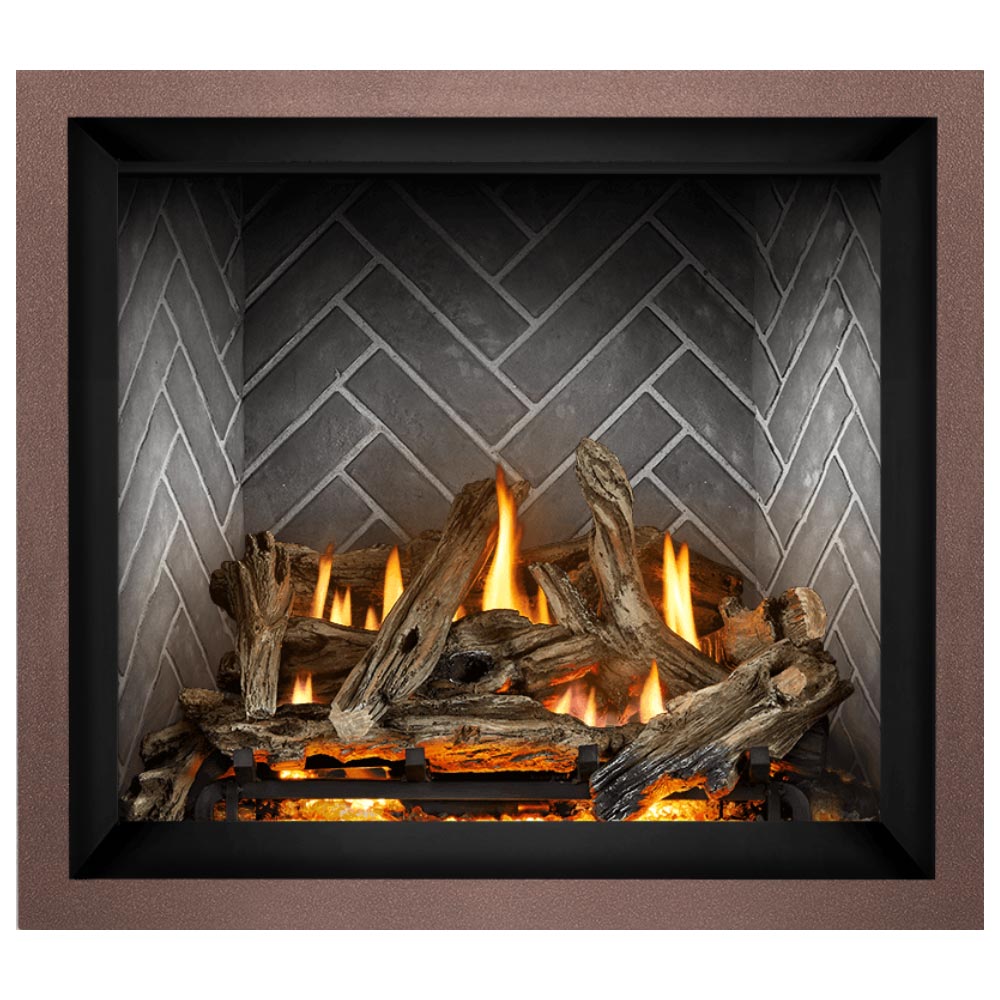 Direct vent gas fireplace with dark surround and burning logs over gray stone tile back